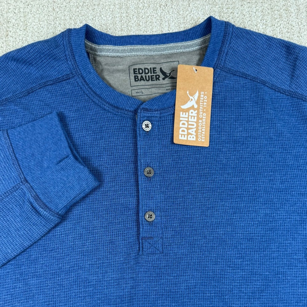 NEW Eddie Bauer Mens Large Blue Thermal Henley Long Sleeve Shirt
